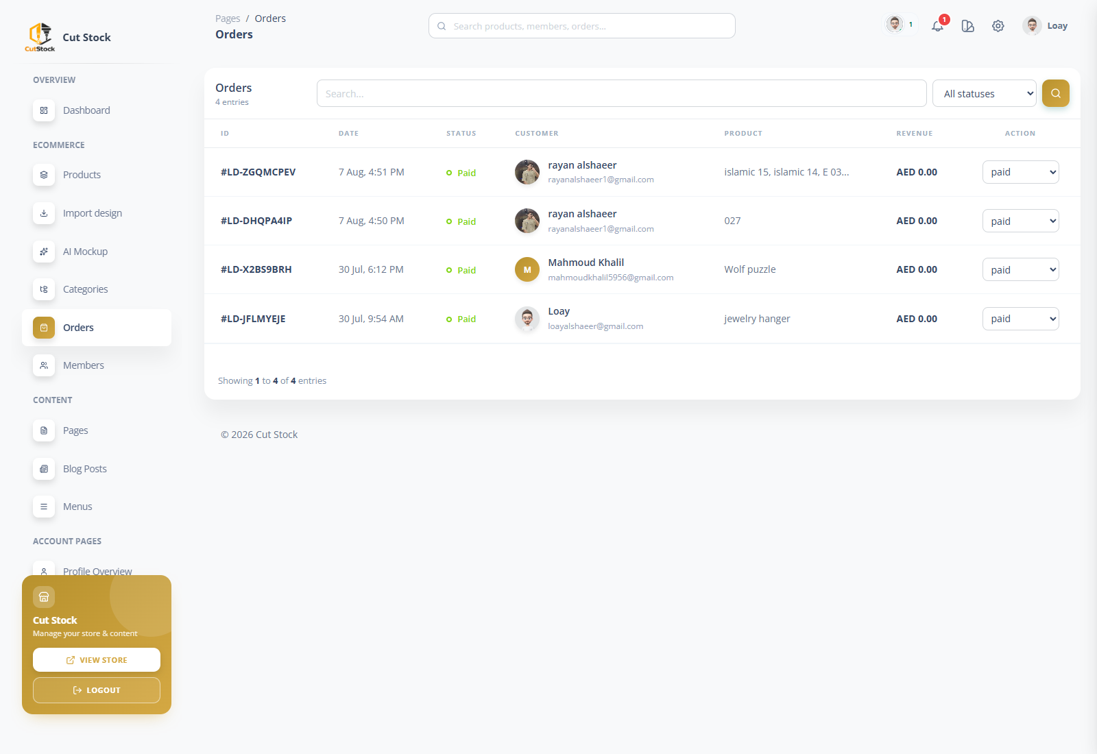 Cut Stock admin orders