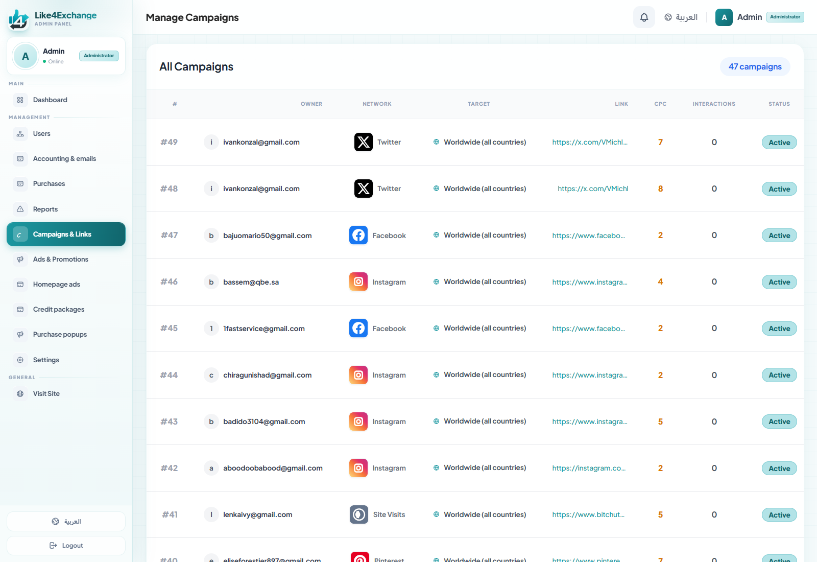Like4Exchange admin campaigns